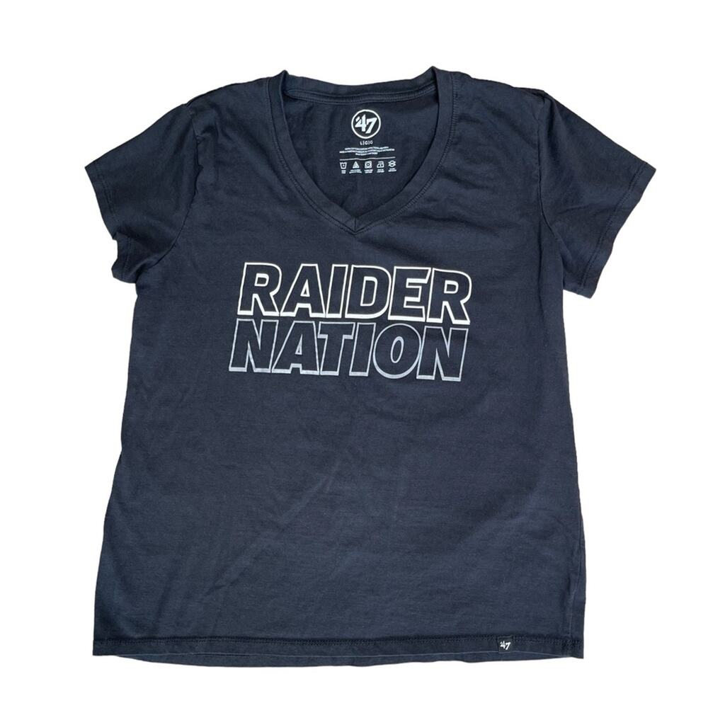 ‘47 Black ‘Raider Nation’ V-Neck Short Sleeve T-Shirt Women’s Size Large